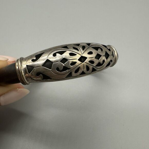 Sterling Silver 925 Artisan Open Cuff Flexible Filigree Bracelet Black Unisex - Picture 6 of 7